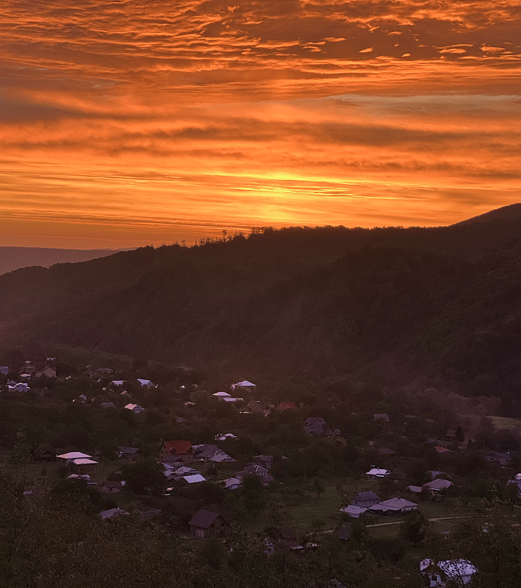 Sunset over a hillside village in Ukraine